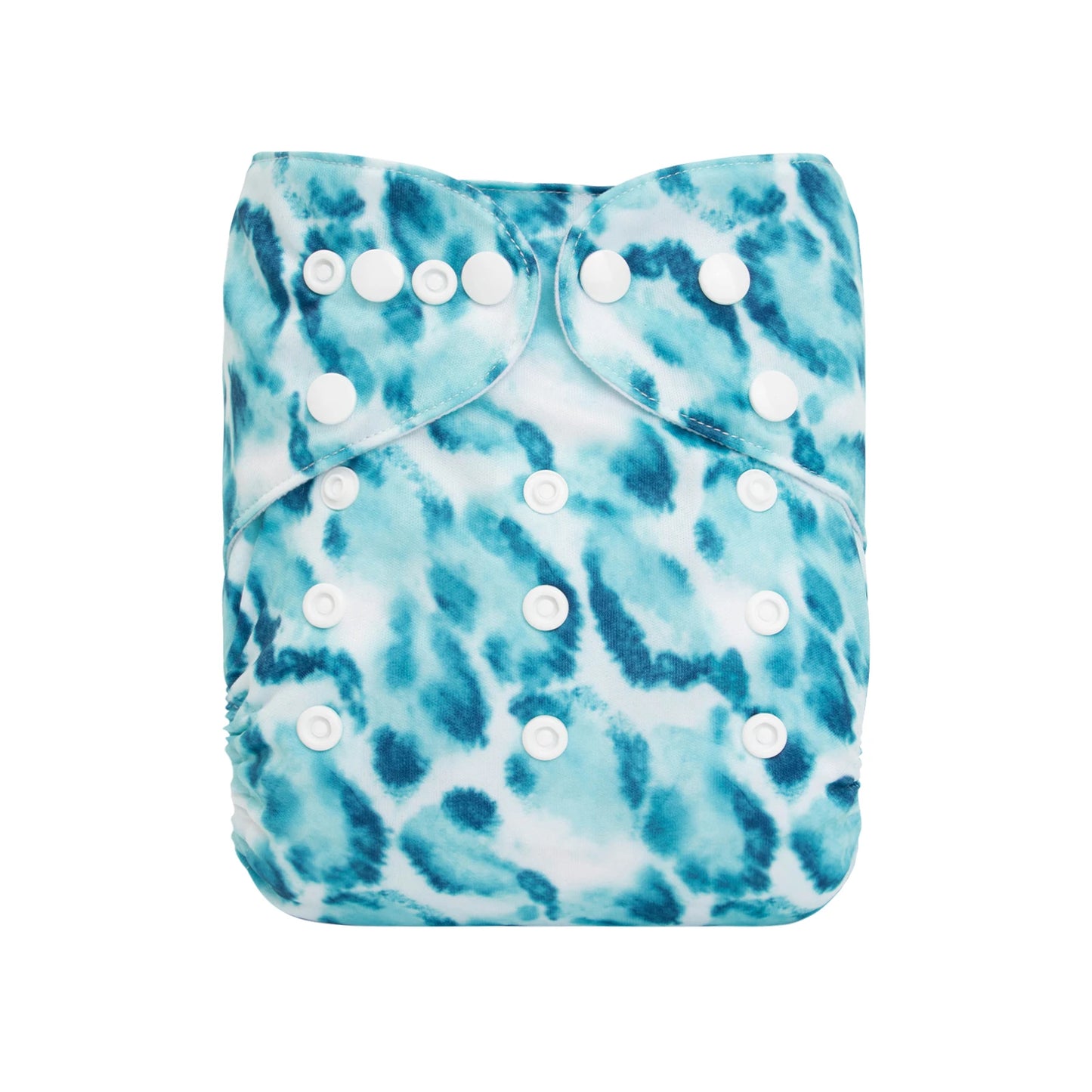 A cloth diaper with a blue and white tie-dye pattern, featuring multiple white snaps for adjustable fitting.