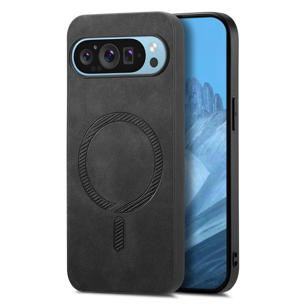 Black smartphone case with a circular embossed design on the back and a triple-lens camera cutout. The phone screen displays a blue mountain landscape.