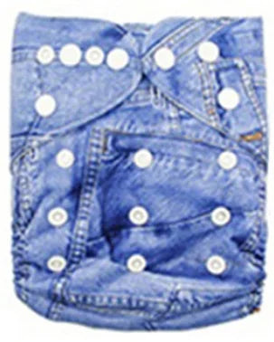 A denim-patterned cloth diaper with white snap closures, designed to resemble jeans, featuring stitched pocket details and a versatile fit.