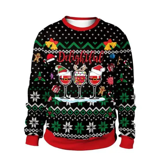 Festive sweater with a "Delightful" text, features three wine glasses wearing Santa hats, surrounded by snowflakes, gifts, and gingerbread men on a black background.