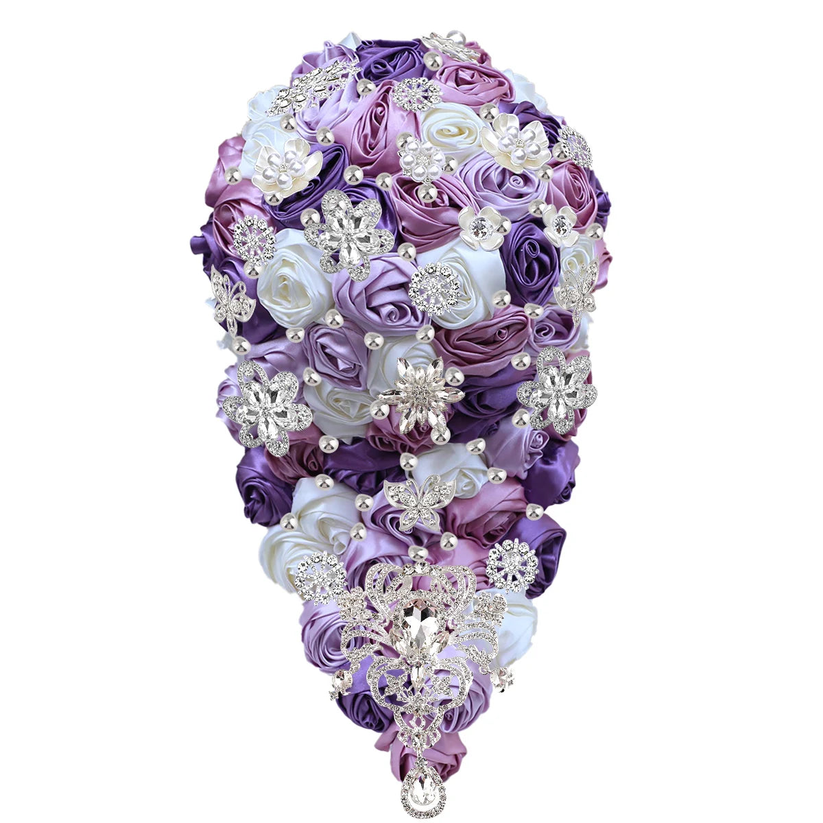 Elegant bouquet with purple, lavender, and white satin roses adorned with silver rhinestone brooches and pearls, forming an intricate and luxurious cascading design.
