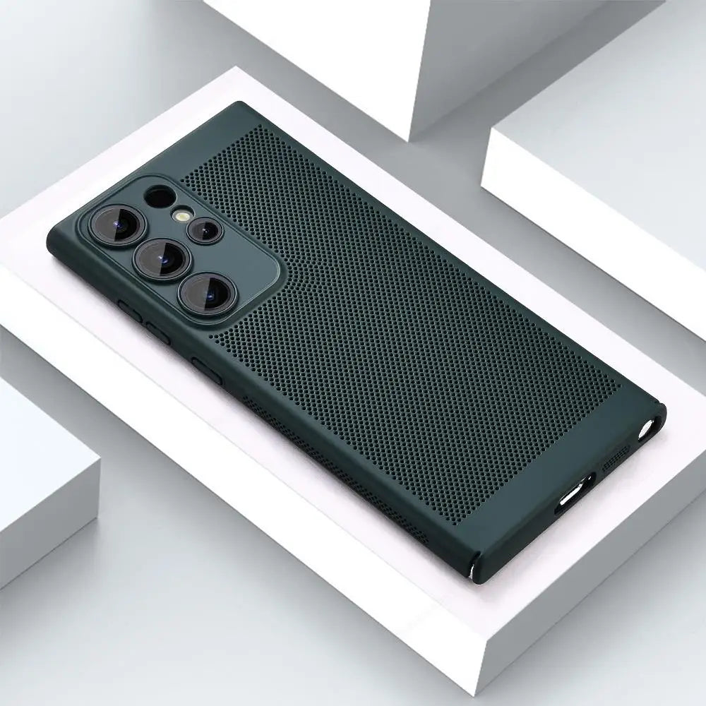 Black smartphone with a textured, perforated back cover, featuring multiple rear cameras, placed diagonally on geometric white blocks with soft lighting.