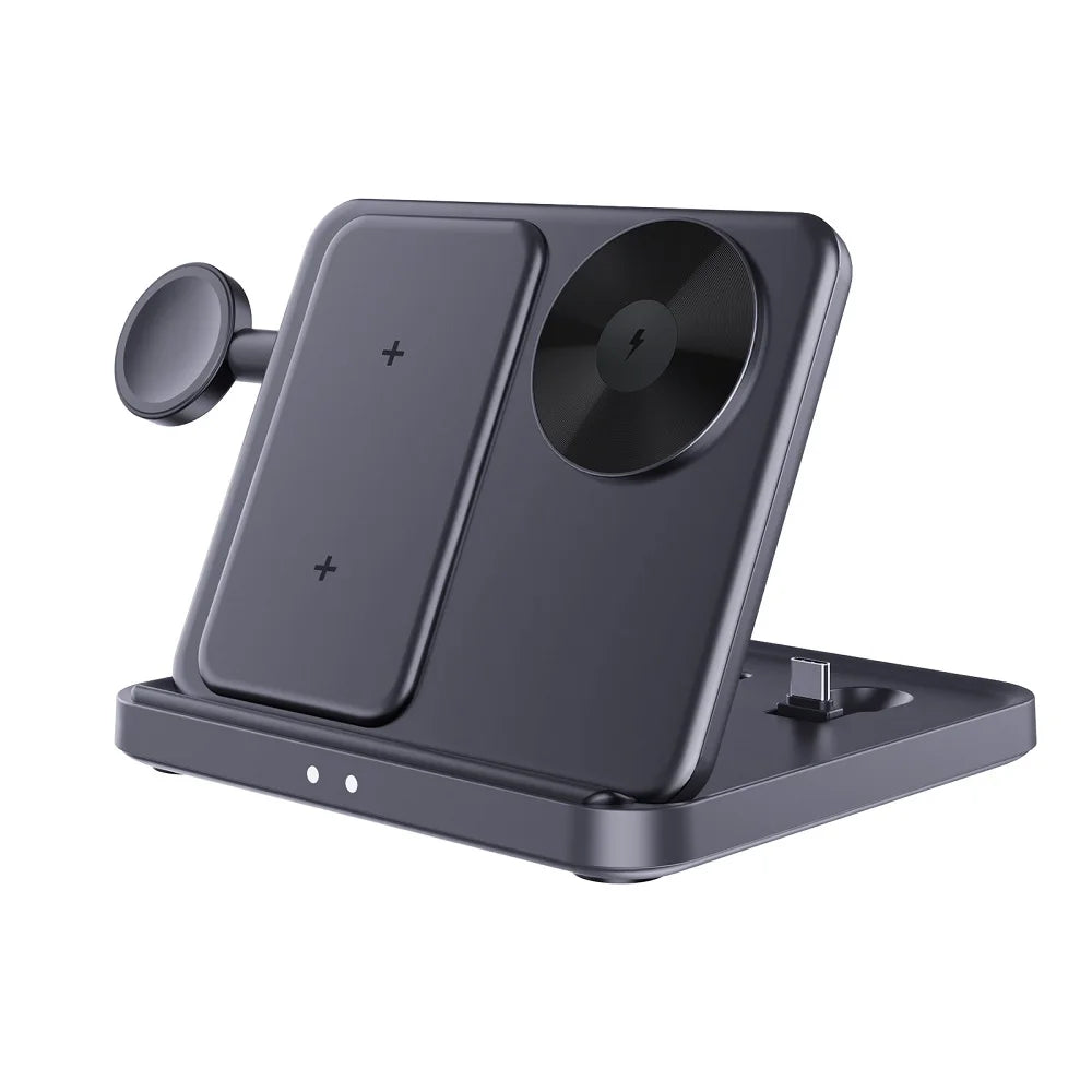 A sleek black multi-device charging station featuring wireless charging pads and a dock for various electronics, designed with modern aesthetics and functionality in mind.