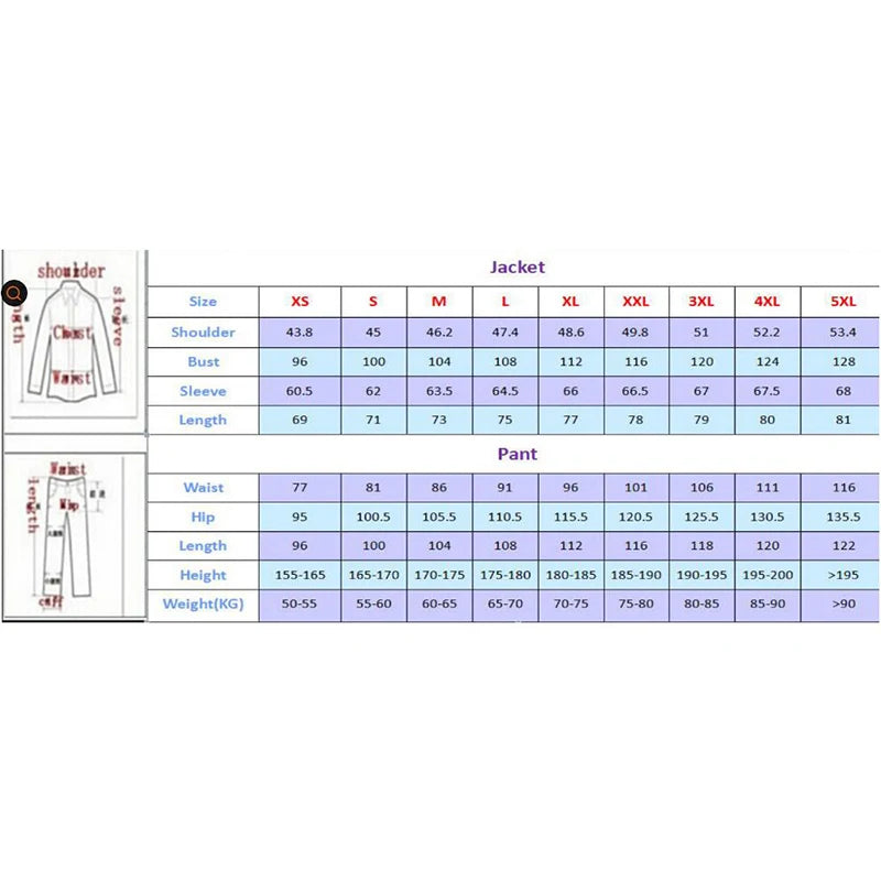 Size chart for jackets and pants showing measurements for XS to 5XL. Jacket details: shoulder, bust, sleeve, length. Pant details: waist, hip, length, height, and weight in kg.