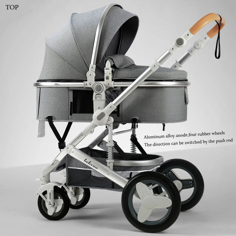 Gray baby stroller with a detachable bassinet, adjustable canopy, and four rubber wheels. Features include aluminum frame and a push rod for directional change.