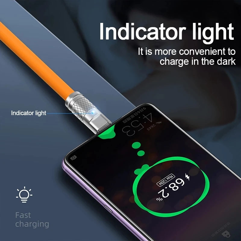 Smartphone charging with an orange cable featuring an LED indicator light. Screen displays 68.2% battery charge. Text highlights convenience of charging in the dark.
