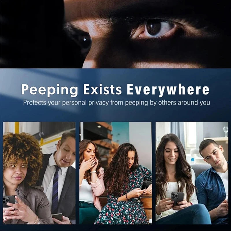 A collage showing eyes watching, with text "Peeping Exists Everywhere." Below, three images depict people looking over others' shoulders at their phones, highlighting privacy concerns.