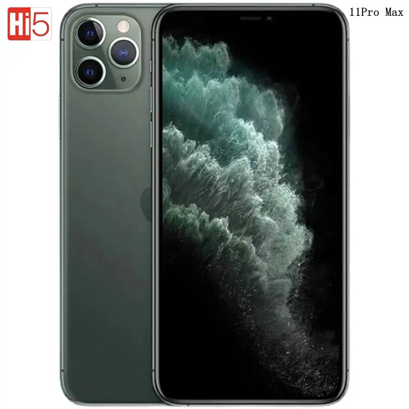 Smartphone with green metallic finish, triple camera setup on the back, and a screen displaying a dark green and black abstract image. Model name "11 Pro Max" shown in the corner.