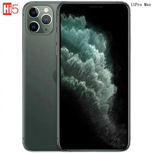 Smartphone with green metallic finish, triple camera setup on the back, and a screen displaying a dark green and black abstract image. Model name "11 Pro Max" shown in the corner.