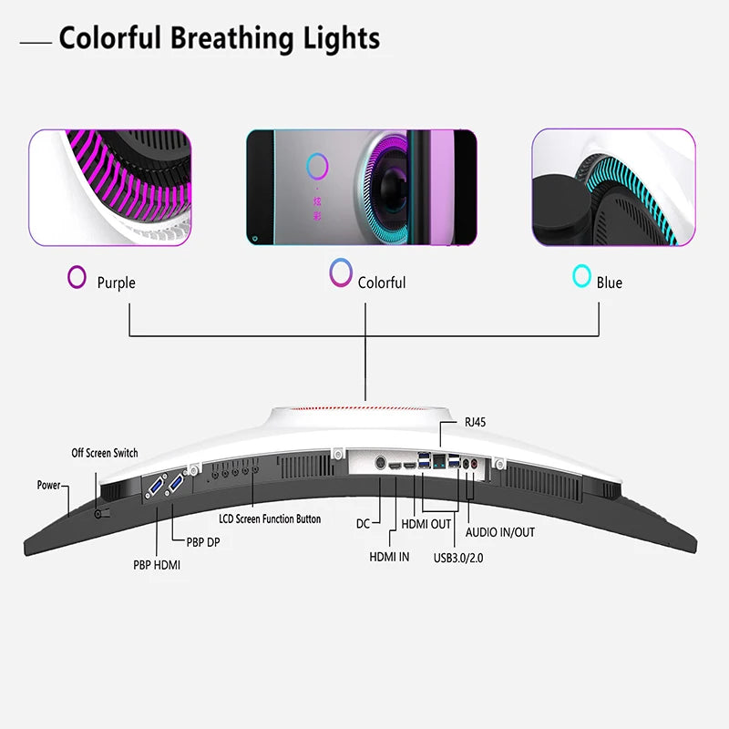 Back view of a monitor showing colorful breathing lights in purple, blue, and multicolor. Ports include HDMI, USB, RJ45, audio in/out, power, and screen function buttons.
