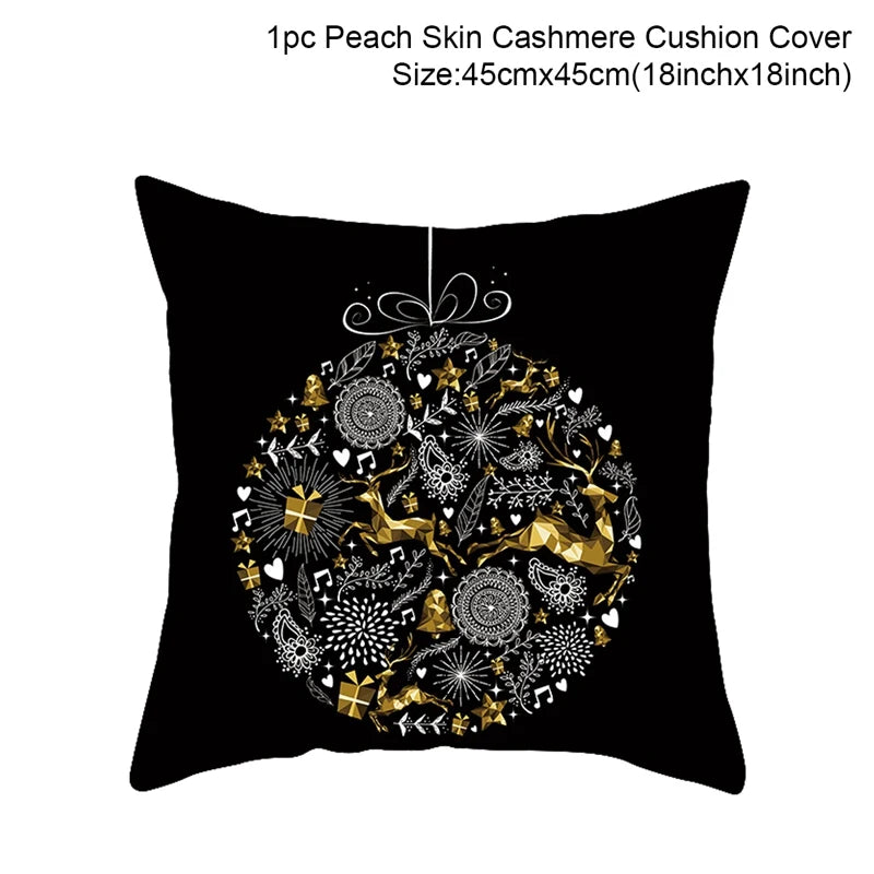Black cushion cover with a gold and white festive ornament design featuring reindeer, snowflakes, hearts, and music notes. Size: 45cm x 45cm (18in x 18in).