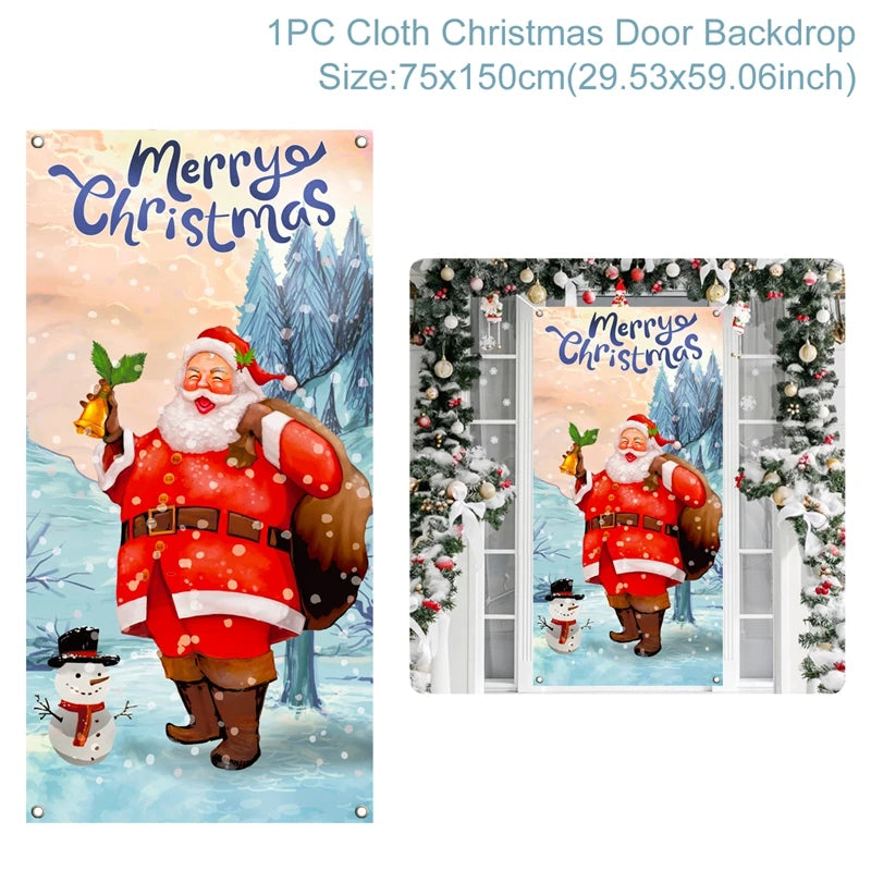 Festive Christmas door backdrop featuring Santa Claus holding a bell and a sack, standing beside a snowman in a snowy forest. The words "Merry Christmas" are at the top.