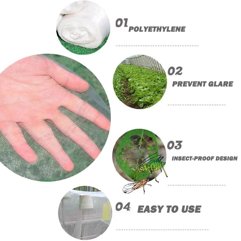 Transparent mesh illustrates features: polyethylene material, glare prevention, insect-proof design, and easy usability for plant protection. Includes hand and plant images.