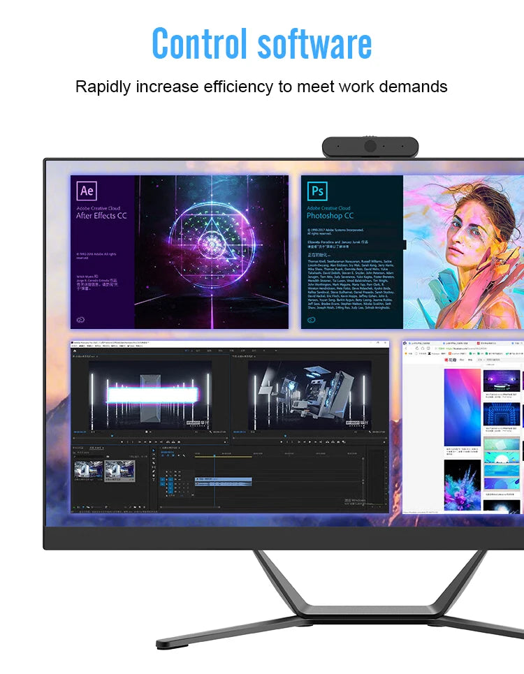 A computer monitor displays multiple software windows, including Adobe After Effects CC and Photoshop CC, illustrating digital art and video editing. The screen promotes efficiency in work.