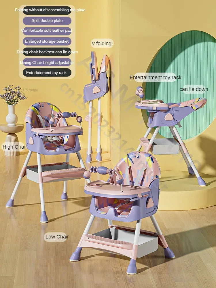 Multifunctional baby chair in lavender and pink with features: height adjustable, convertible to high or low chair, folding option, and entertainment toy rack.