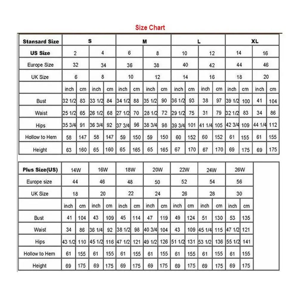 Size chart showing US, Europe, and UK sizes for both standard (S-XL) and plus sizes (14W-26W). Includes measurements in inches and cm for bust, waist, hips, hollow to hem, and height.