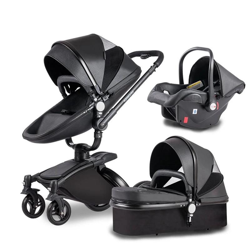 Black multifunctional baby stroller set, featuring a convertible seat, a detachable car seat, and a bassinet. Each piece has a sleek design with adjustable canopies.