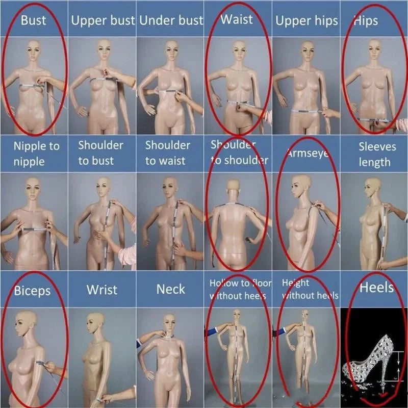 Guide for taking body measurements on a mannequin, covering bust, waist, hips, shoulders, neck, arms, height, and heels. Uses a tape measure for accuracy.