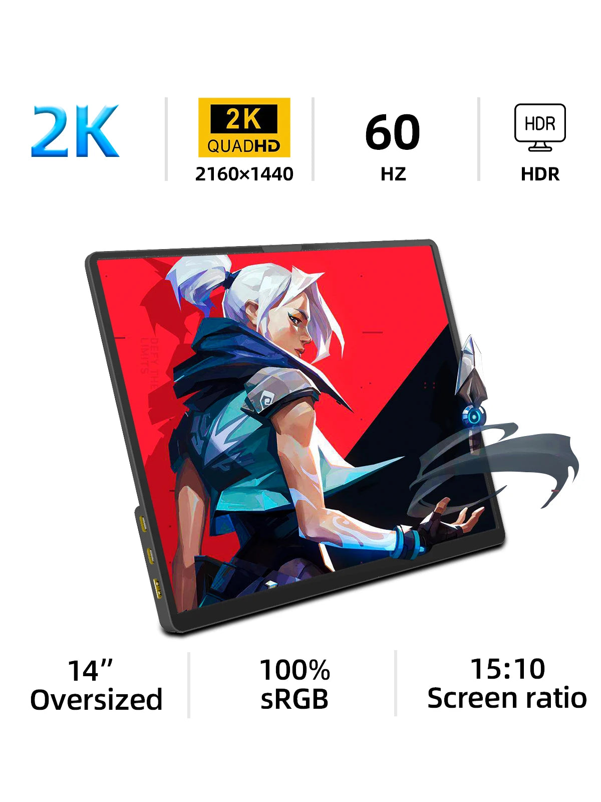 14" display featuring a vibrant character, supporting 2K resolution (2160x1440), 60Hz, HDR, 100% sRGB, and a 15:10 screen ratio, highlighted in a promotional layout.