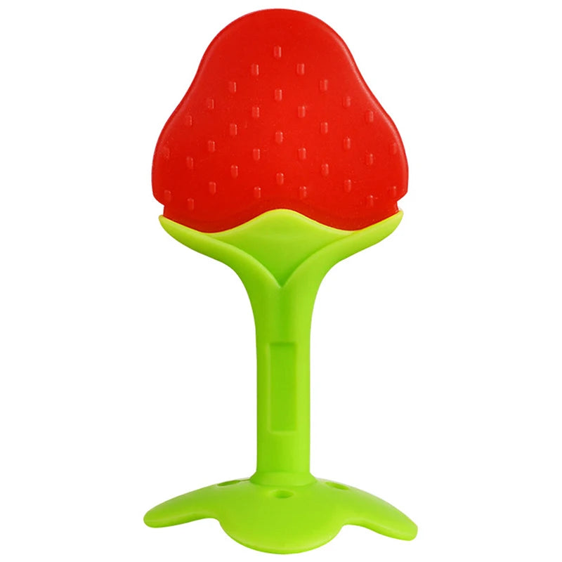 Red strawberry-shaped baby teether with a green stem and base, featuring a textured surface for soothing gums. Suitable for infants to alleviate teething discomfort.