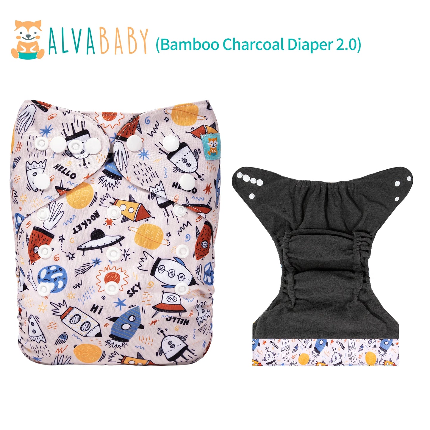 Cloth diaper with playful, space-themed print including rockets and UFOs. Features adjustable snaps and a soft, dark gray bamboo charcoal interior. Brand: AlvaBaby.