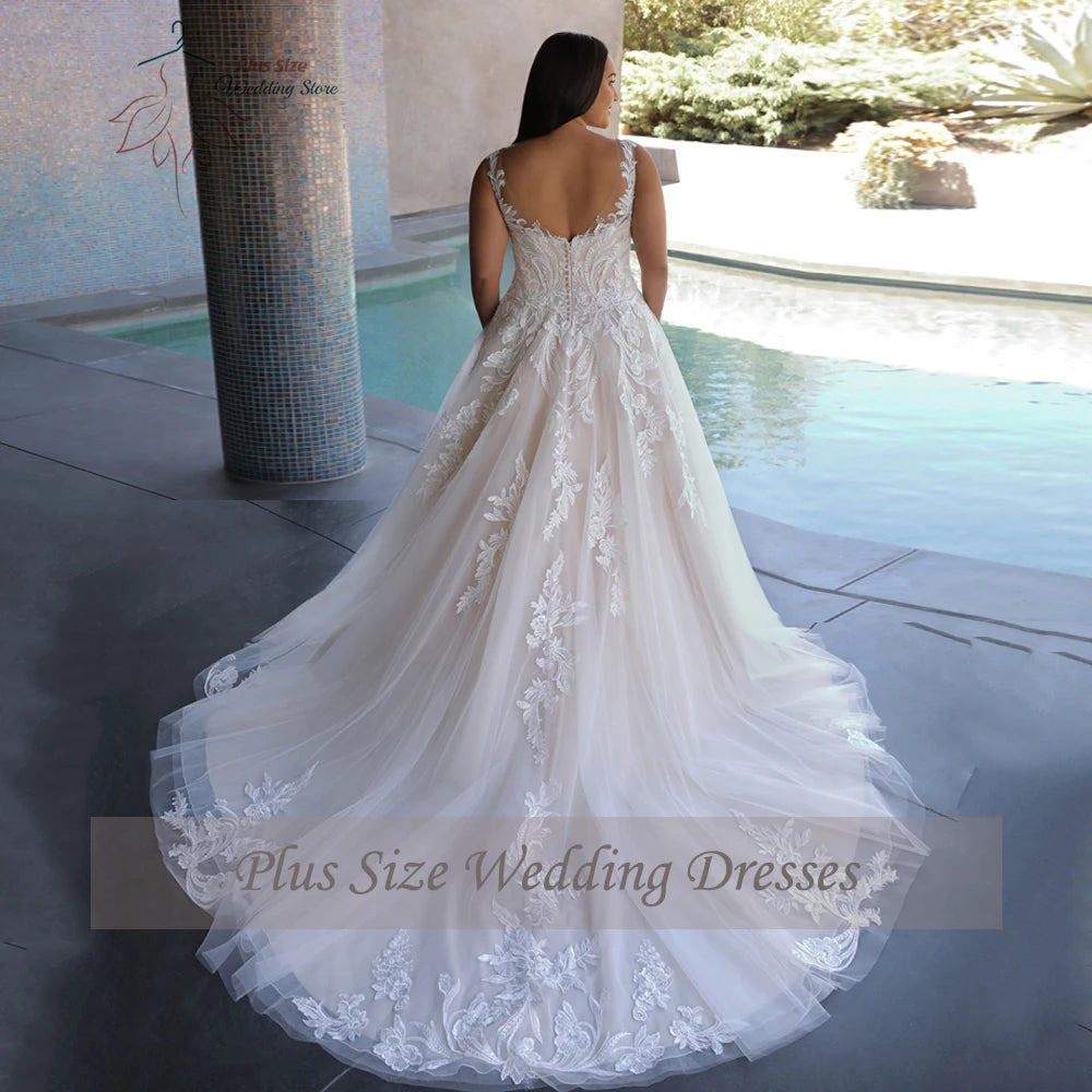 A bride in an elegant plus-size wedding dress with floral lace details and a long train stands by a blue pool, surrounded by stone tiles and greenery. "Plus Size Wedding Dresses" text overlay.