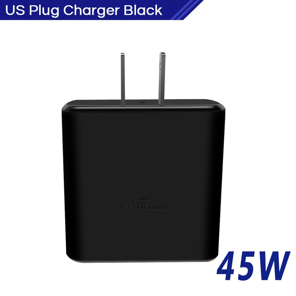 Black 45W US plug charger with "Super Fast Charging" text on the front. It features a sleek, compact design and two metal prongs for electrical outlets.
