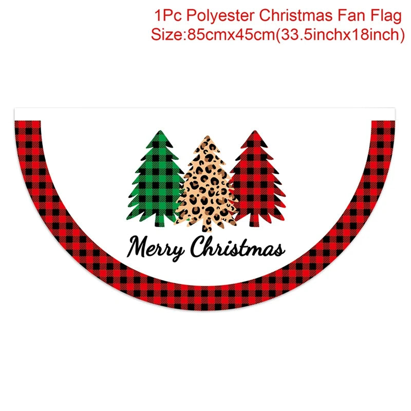 Christmas fan flag with checkered border and three trees: green, leopard print, and red checkered. Text below reads "Merry Christmas." Size is 85cm x 45cm.