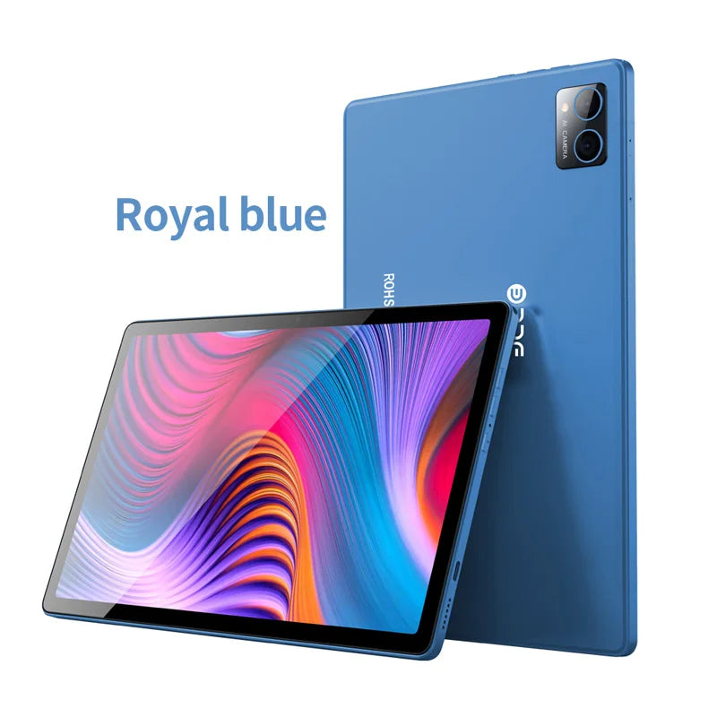 Royal blue tablet with dual rear cameras, displayed from both front and back angles. The screen shows vivid, colorful swirls. Text "Royal blue" appears beside the device.