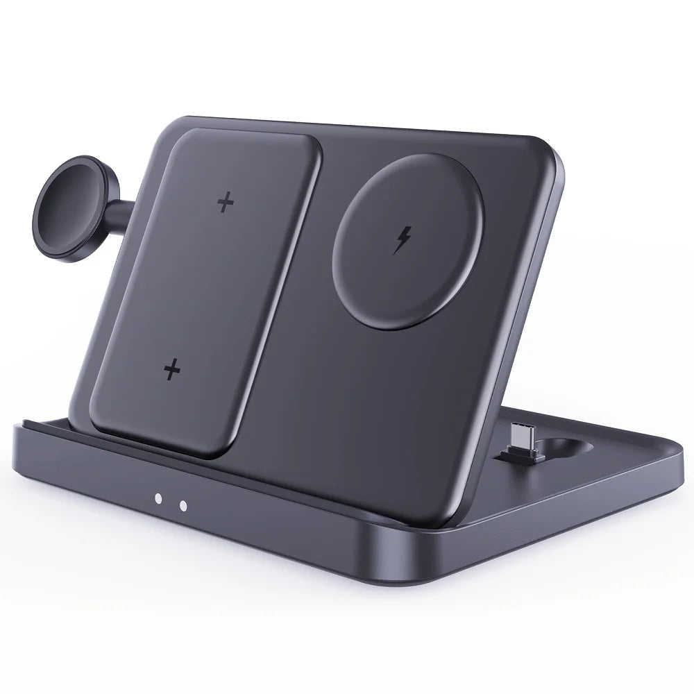 A sleek black wireless charging station with multiple slots for devices, including a smartwatch, two wireless pads with power symbols, and a USB port for charging.