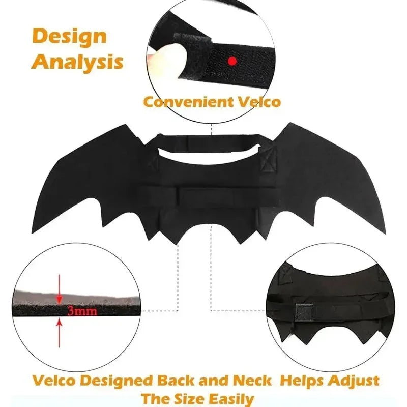 Black bat wing costume with Velcro straps for size adjustment. Close-ups show Velcro details and 3mm thickness. Text highlights easy-adjust design for neck and back.