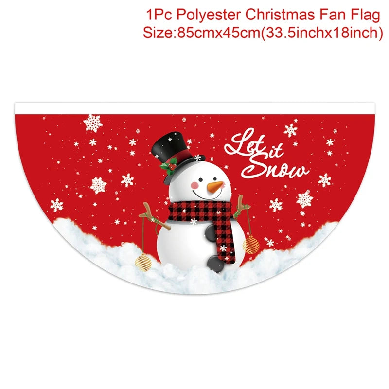Half-circle polyester Christmas fan flag featuring a cheerful snowman with a black hat and red scarf, surrounded by snowflakes. Text reads "Let it Snow" on a red background.