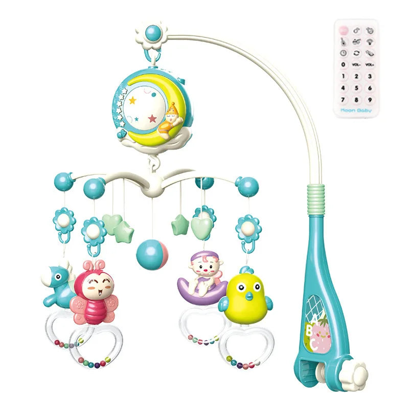 Colorful baby crib mobile with various hanging toys including animals, a moon, and stars, in blue and pink hues. Comes with a remote control for adjustments.