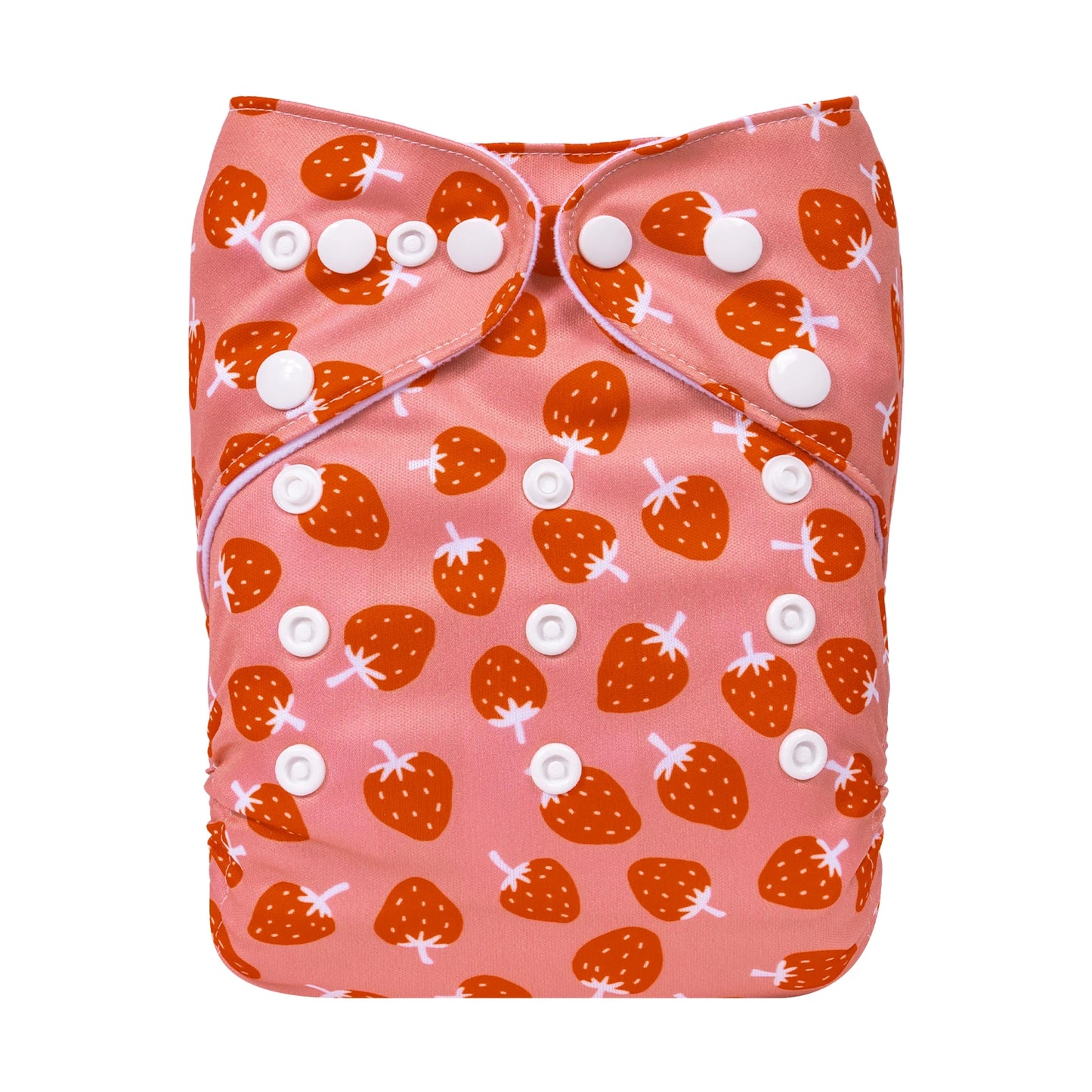 Pink cloth diaper with a pattern of red strawberries and white snaps.