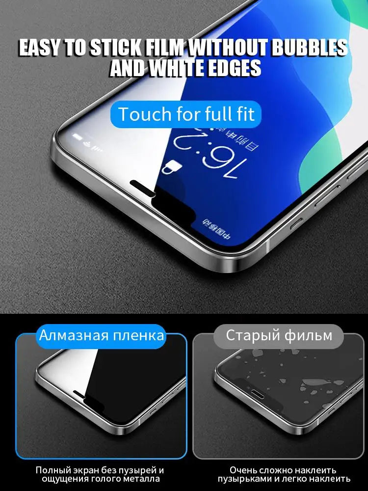 Close-up of a smartphone with a protective film applied, showcasing a smooth, bubble-free surface. Text highlights easy installation and superior fit with no white edges.