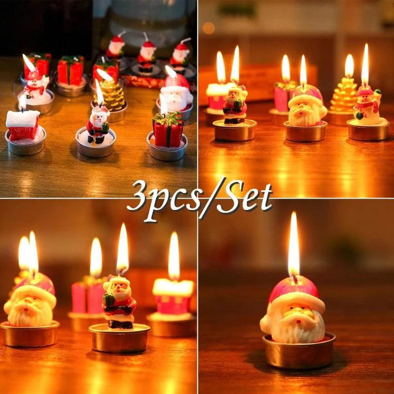 Festive candles in shapes of Santa, gifts, and holiday figures are lit, displayed in sets of three per panel. Each candle emits a warm glow, ideal for Christmas decor.