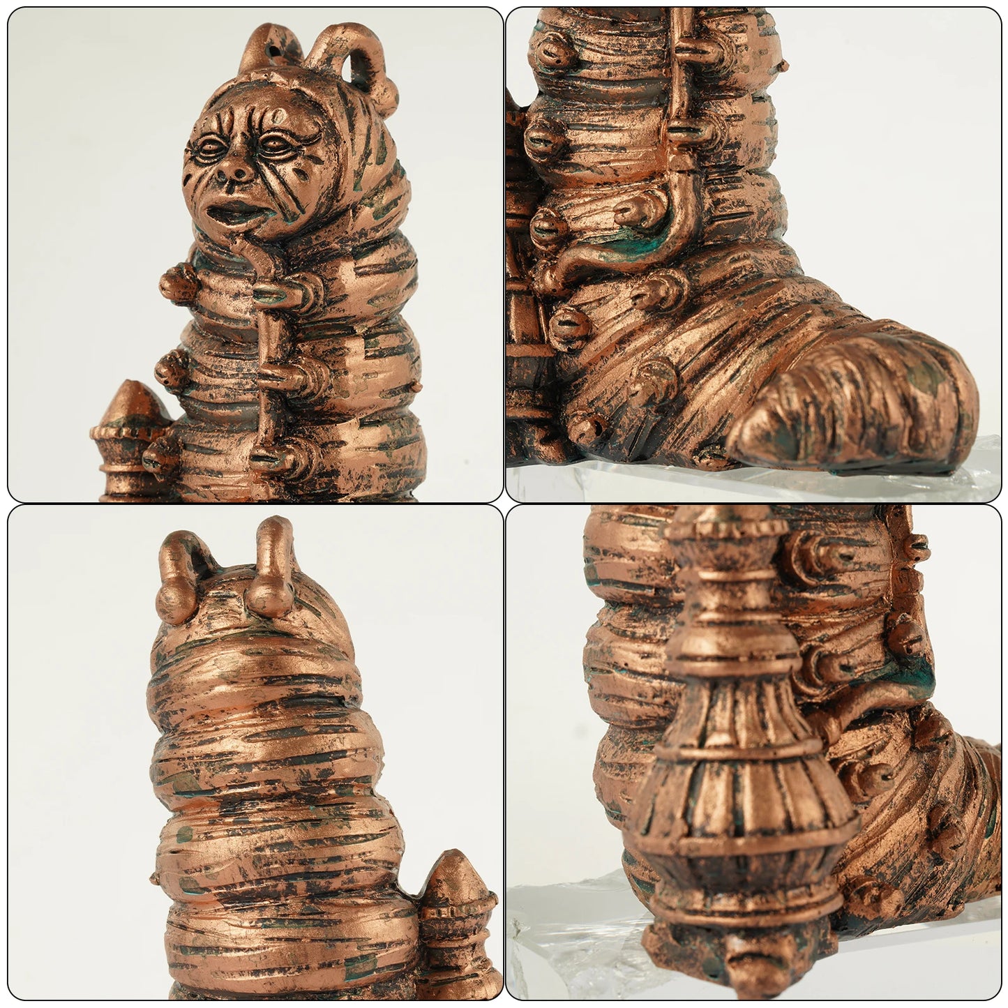 Bronze-colored caterpillar sculpture with human-like facial features and intricate patterns. Multiple views show its textured body, antennae, and decorative elements on a translucent base.