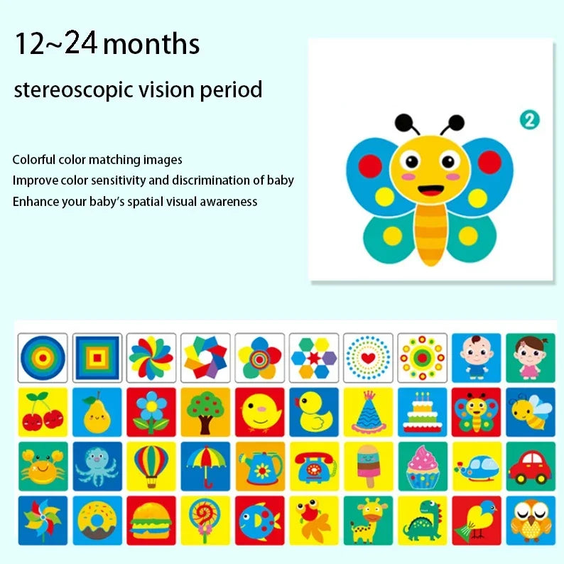 Colorful educational images for 12-24 months old, featuring a butterfly and various objects. Aimed to improve infants' color sensitivity and spatial visual awareness.