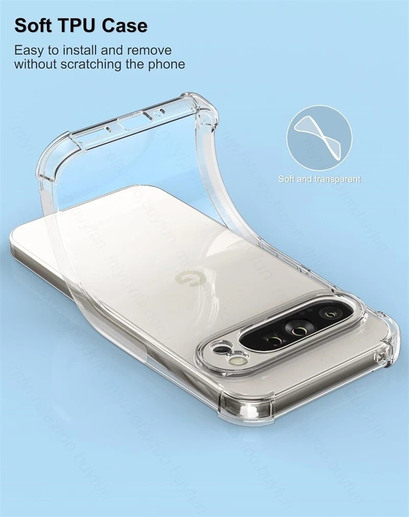 Clear TPU phone case on a smartphone, showcasing its flexible, soft design. Text highlights easy installation and scratch protection. Background is light blue, emphasizing the case’s transparency.