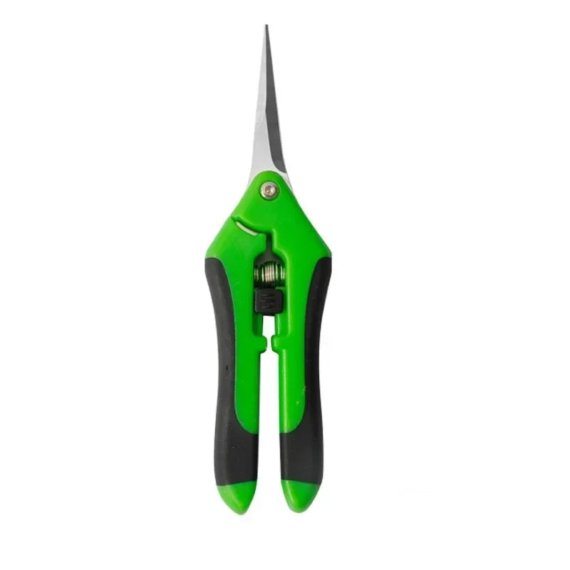 Green and black garden pruning shears with curved, pointed blades facing upwards. Handles feature ergonomic grips and a central spring mechanism for smooth operation.