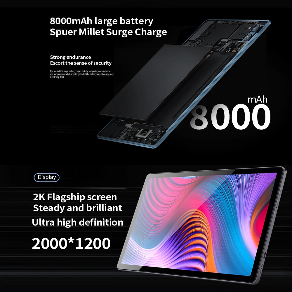 Tablet with 8000mAh battery, "Suer Millet Surge Charge," and 2000x1200 resolution 2K display with vibrant colors, described as having strong endurance and brilliant visuals.