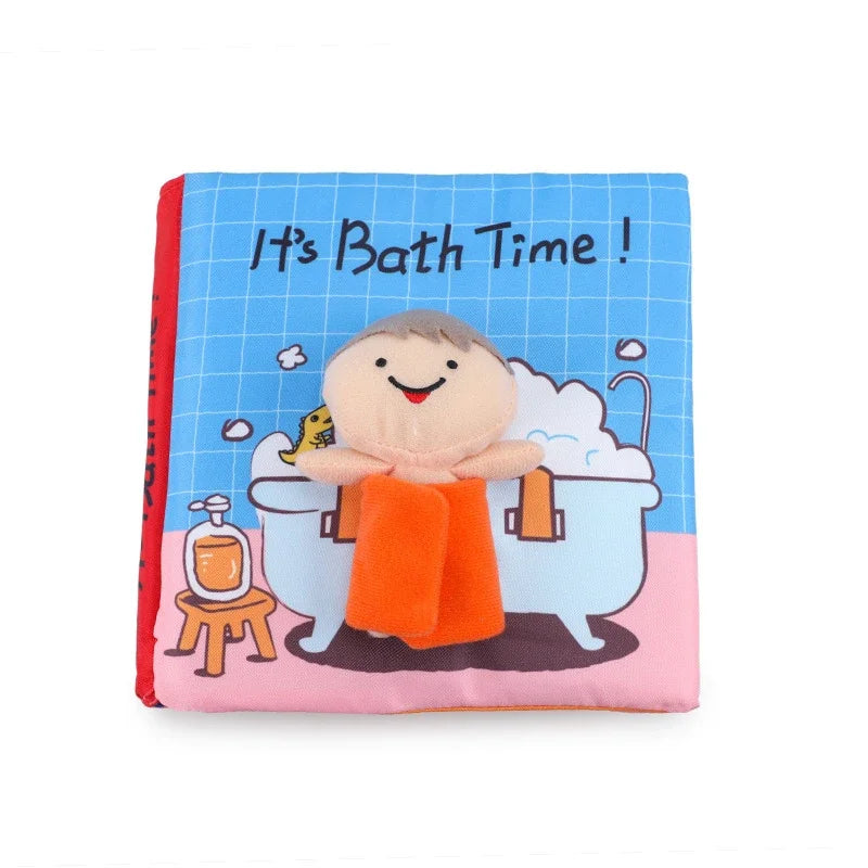 Soft, colorful baby book titled "It's Bath Time!" featuring a smiling plush figure peeking out, with a cozy bathtub scene and a rubber duck illustration in the background.