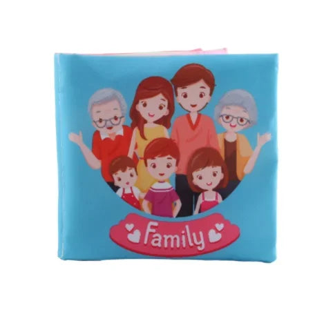 Illustrated book cover with a happy family of seven, including grandparents, parents, and children, on a blue background. The word "Family" is written below, surrounded by hearts.