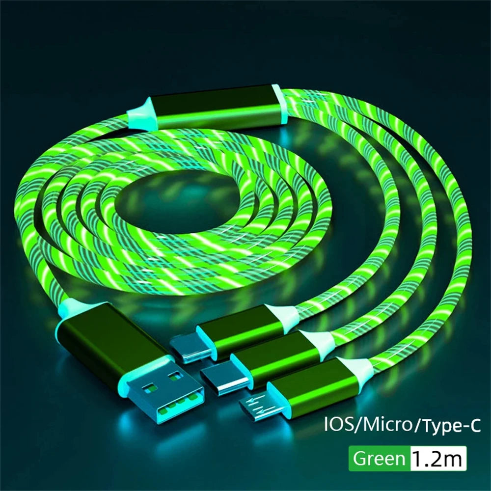 Glowing green charging cable with USB, micro, Type-C, and iOS connectors, coiled on a dark surface. Labeled "Green 1.2m" for length and compatibility.