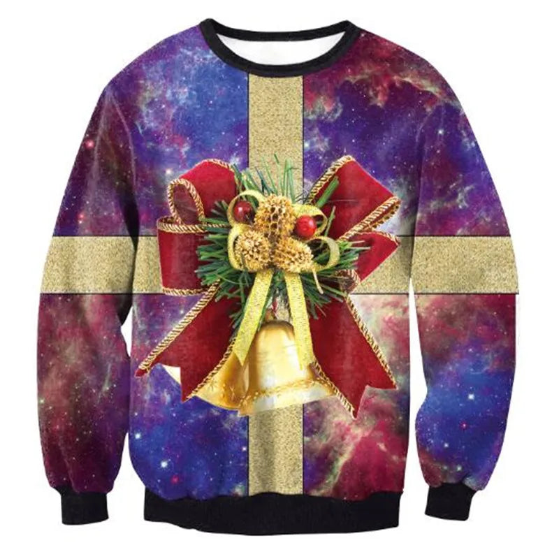 A festive sweater featuring a cosmic background with golden cross stripes, a large red bow, and a holiday bell with green and red decorations at the center.