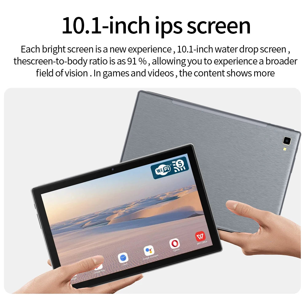 10.1-inch IPS screen tablet with 91% screen-to-body ratio, showing a desert landscape and app icons. Two hands hold the tablet, emphasizing its sleek design.