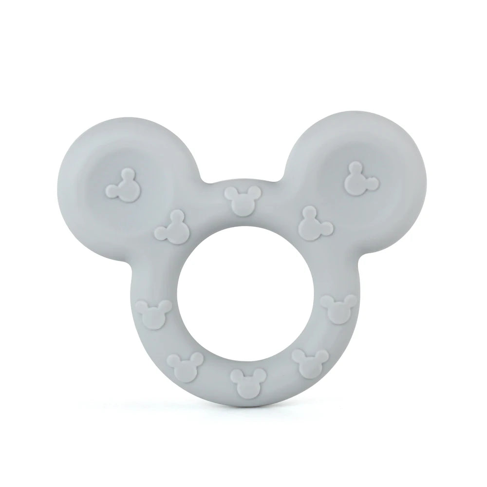 Gray silicone teething ring shaped like a stylized mouse head, with raised small mouse head patterns on the surface for texture.
