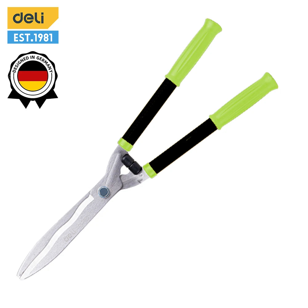 Green-handled hedge shears designed in Germany by Deli, featuring sharp silver blades. The Deli logo and "EST. 1981" are visible, along with a German design badge.