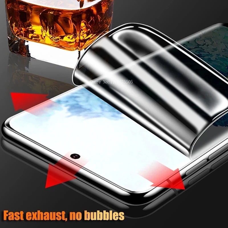 A smartphone screen protector being applied, emphasizing smooth, bubble-free installation with red arrows. A glass of amber liquid sits in the background. Text reads, "Fast exhaust, no bubbles."