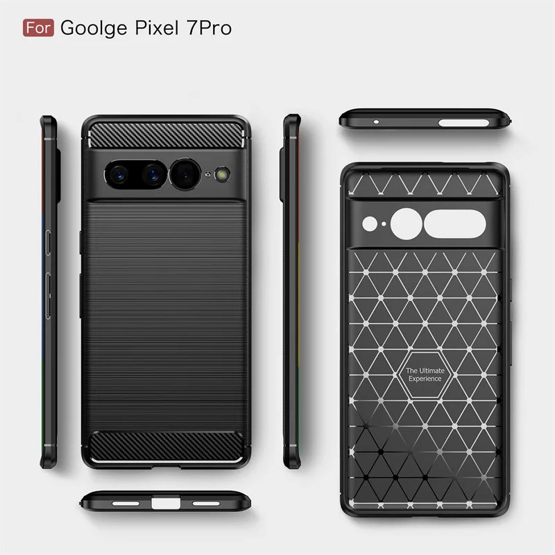 Black protective case for Goolge Pixel 7 Pro. Features textured back, geometric pattern, precise cutouts, and enhanced grip. Shown from multiple angles on a light background.